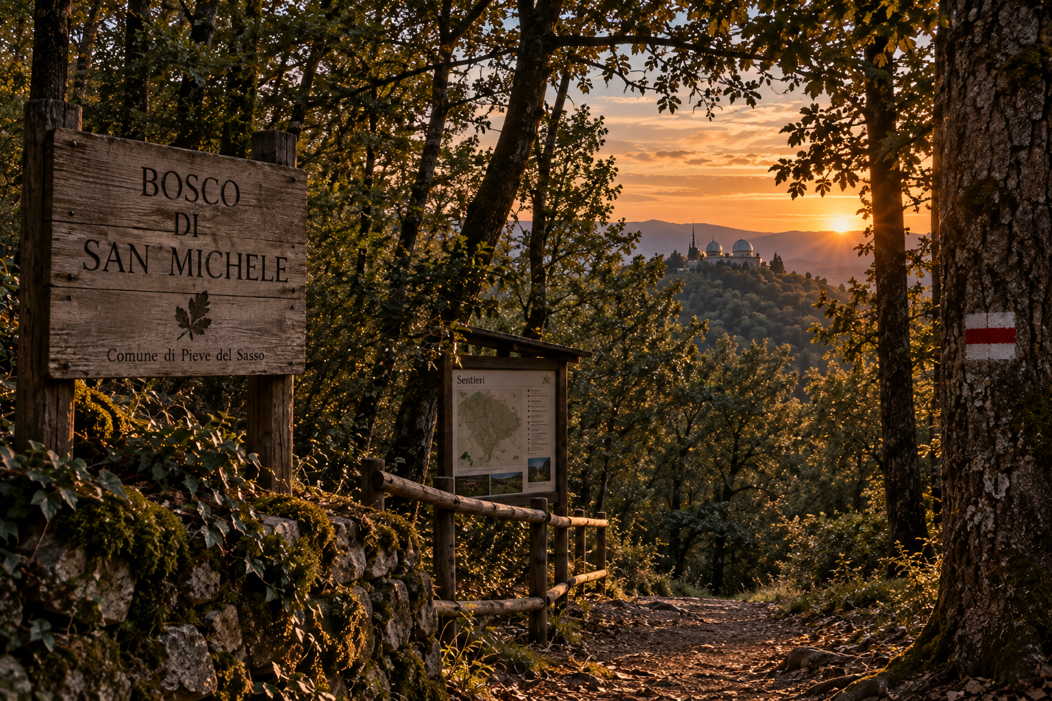 Un sentiero del Bosco di San Michele al tramonto, con il cartello di ingresso e la vista sulle colline