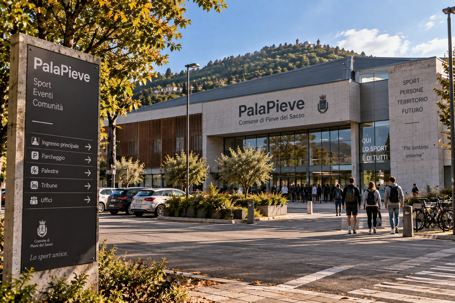 La facciata e l’ingresso del PalaPieve, con persone dirette al palazzetto e spazi verdi all’esterno